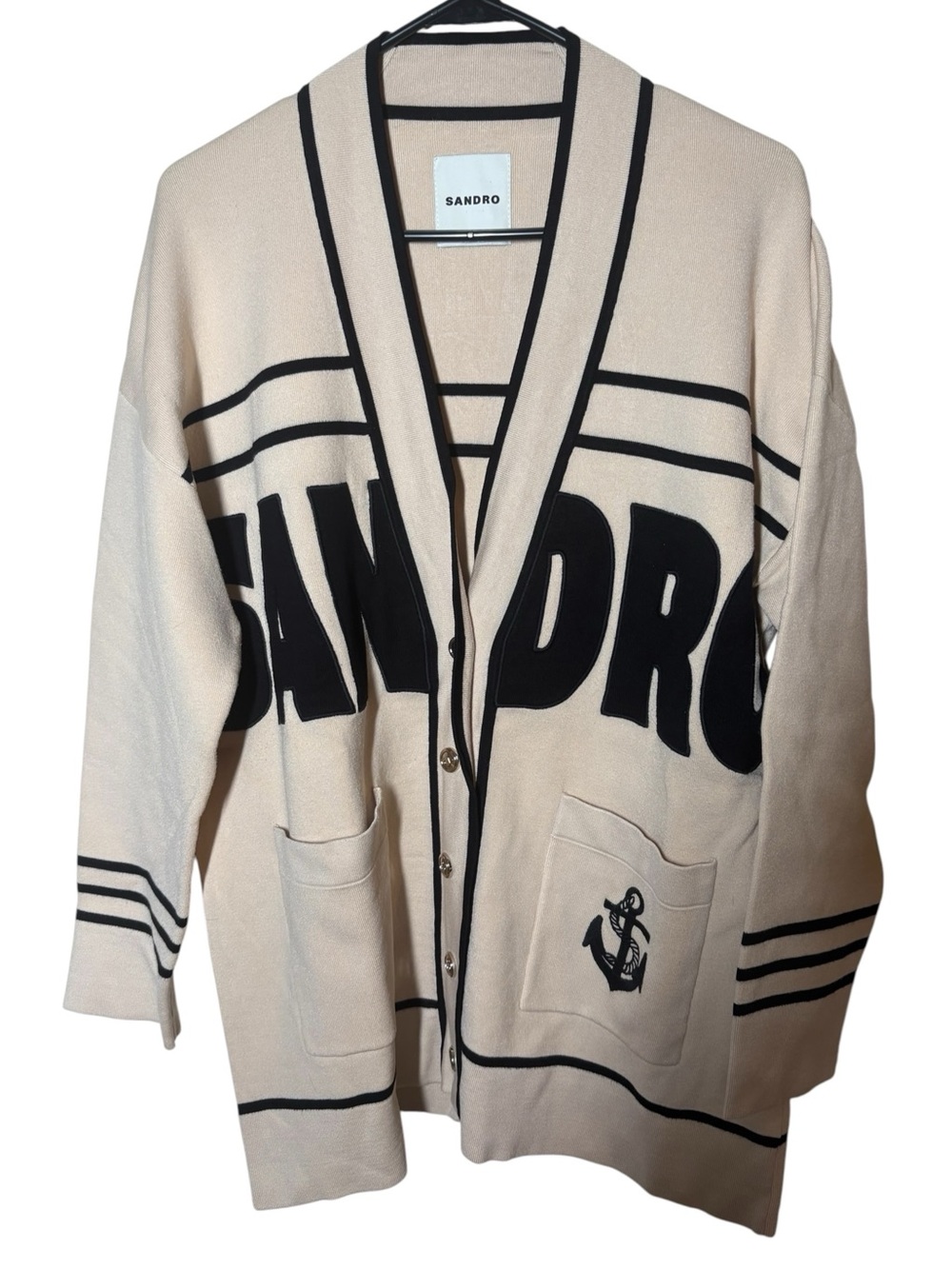 {EUC} Sandro Cream Cardigan with Black Lettering and Anchor Motif Small (1) - Picture 2 of 8